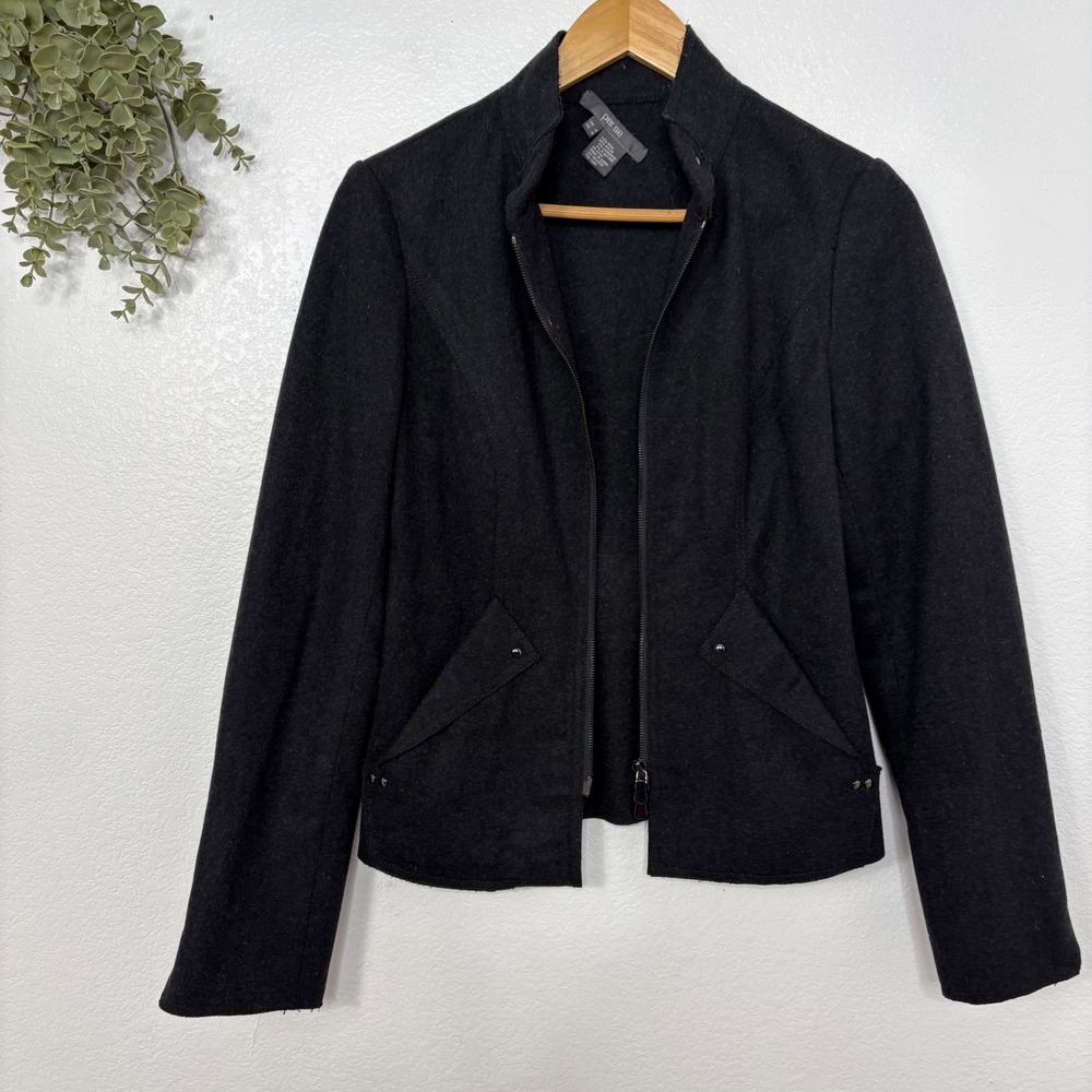 Per Se Black Wool‎ Cashmere Blend Zip Up Moto Jacket Blazer Women US 4